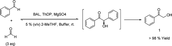 
          BAL-catalyzed hydroxymethylation. 20 mL phosphate buffer 50 mmol L−1, pH 8.0, 5% v/v 2-MeTHF, 0.25 mmol benzaldehyde, 0.75 mmol formaldehyde, 2.5 mmol L−1MgSO4, 0.15 mmol L−1ThDP, 10 U BAL.