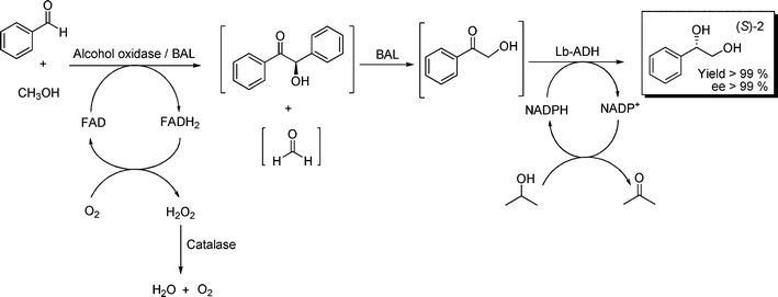 Four enzymes in one-pot reaction: In situoxidation-hydroxymethylation-reduction. 20 mL, phosphate buffer 50 mmol L−1, pH 8.0, 5% v/v 2-MeTHF, 0.12 mmol benzaldehyde, 0.90 mmol methanol, 33 U alcohol oxidase, 14 U catalase, 2.5 mmol L−1MgSO4, 0.15 mmol L−1ThDP, 40 U BAL, 10 U LbADH. 0.5 mmol L−1NADPH, 0.1 mmol L−1 FAD.