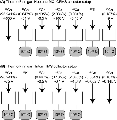 Shown in (A) is the collector setup used with the Neptune MC-ICPMS and in (B) the collector setup used with the Triton TIMS. Apart from 40Ca, all Ca isotopes were measured by HR-MC-ICPMS. For TIMS analyses, the 40Ca to 44Ca were measured ignoring the small 46Ca and 48Ca beams. 41K was used to correct for 40K. The natural abundance of each isotope, the respective amplifier used for each faraday cup and typical voltages measured during a sample analysis are indicated for each isotope.