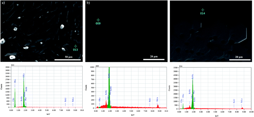 SE images and spot EDS analyses are shown. In image (a) the composition of the molten glass is shown. Except for silica it also contains phosphorus. Image (b) shows the Re of the filament and (c) shows that the glass can also incorporate Re.