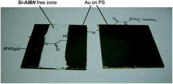 Au-sputtered, polystyrene-coated glass slides after lift-off by ultrasonication in toluene. Left: The clear zone was not derivatized with Si-AIBNSi-AIBN prior to polystyrene deposition from prepolymer (see Experimental); polystyrene and its Au-coating survive only over areas where polystyrene is covalently bonded to the substrate viaSi-AIBNSi-AIBN. Right: a similar slide, processed in parallel to the one at left, with uniform initiator coating.