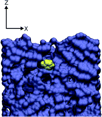 Snapshot showing a phenol molecule (in yellow) that has diffused into the polyamide membrane (shown using a purple van der Waals surface).