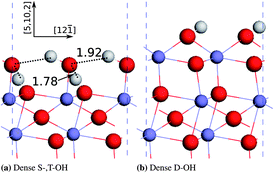 Optimized atomic structures of the dense S-,T-OH termination and the dense D-OH termination. The hydrogen bonds are shown by dashed lines and the bond distances between H and the donor oxygen atoms (unit: Å). Hydrogen atoms are in white colour, oxygen in red, and iron in grayish blue.