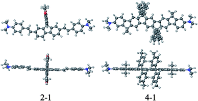 Ground-state optimized geometries of simplified molecules at the AM1 level, 2-1 and 4-1: top (bottom) and side (top) views relative to the molecular plane.