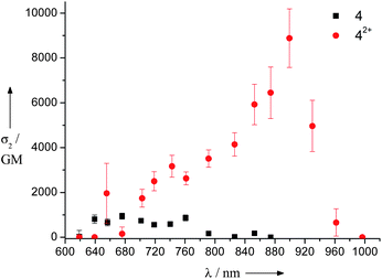 Two-photon absorption spectra of LPP derivative 4 in toluene with 3.2 equiv. of SbCl5 (circles) and without SbCl5 (squares) measured using the Z-scan method.