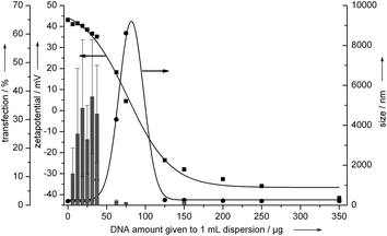 Transfection efficiency of hydroxyapatite–PEI–DNA nanoparticles on MG-63 cells (osteoblasts). The vertical bars represent the transfection efficiency. The arrows indicate the axes to which the data points refer. See the Experimental section for the effective concentrations of hydroxyapatite and DNA for each data point.