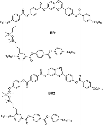 Structures of dimesogens BR1 and BR2 combining a rod-like and a bent-core unit.