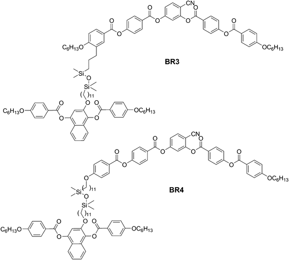 Structures of dimesogens BR3 and BR4 combining a naphthalene based rod-like unit with a bent-core unit.