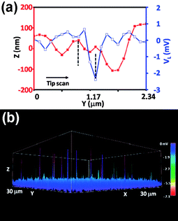 Application of ZnO–ZnS heterojuction NW arrays for energy generation. (a) Topography (red curve with filled squares) and voltage output (blue curve with open squares) line profiles across a heterostructure ZnO–ZnS NW array received by a conductive AFM tip. (b) Three-dimensional output of the voltage output image received from the AFM scan across a heterostructure ZnO–ZnS NW array with an area of 30 × 30 μm2.35