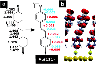 (a) Mechanism of radicalisation upon adsorption: gas phase bond lengths and bond length changes are indicated. (b) Spin density of the adsorbed molecules (red: excess α-spin; light grey: excess β-spin).