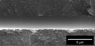 A magnified cross-sectional SEM image of a photochromic light-emitting planar defect of BDTH–PM embedded between a pair of CC films of PS–PDMS in the CC-L cavity. The white scale bar represents 5 μm.