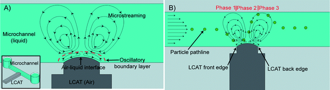 The inset in (A) shows a graphical depiction of an LCAT. (A) The oscillatory motion of the air–liquid interface generates steady vortex-like streaming. (B) When the LCAT is activated and a bulk flow is present, particles will be transported from the inlet reservoir to the outlet channels. As the particles flow past the activated LCAT, they will be exposed to different phases of the microstreaming flow. The resulting drag force will deflect the particle in the direction perpendicular to the bulk flow as shown.