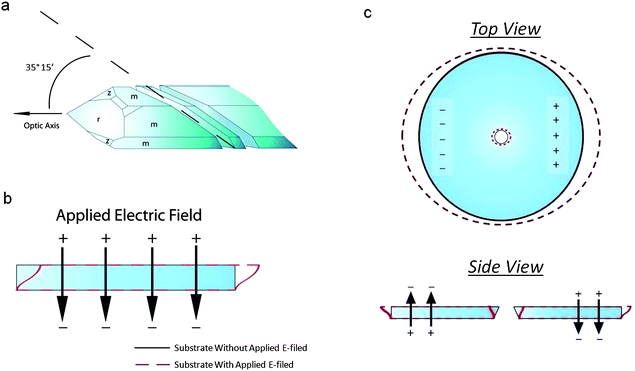 (a) Crystallographic orientation of an AT-cut quartz substrate. The crystal is cut 35° 15′ to the optical axis. (b) Thickness shear mode of an AT-cut quartz substrate. When an electric field is applied across the thickness of the substrate, the top face moves laterally with respect to the bottom face. When the bottom face is fixed, only the top face moves. (c) Side and top views of the piezoelectric actuation of a pore in an AT-cut quartz substrate. Two electric fields of opposite direction across the thickness of the substrate are used to induce opposing thickness shear modes. This causes a deformation in the pore, located in the center of the substrate.