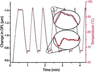 Demonstration of the excellent agreement between the temperatures recorded via a thermocouple inserted into the microfluidic chamber (red dashes) overlaid with the change in optical path length (from initial OPL of 153 μm) acquired via the EFPI system from the same chamber (black line). The elliptical insets are close-up comparisons of the change in optical path length from the EFPI (black line) and the temperature measurement from the thermocouple (red line) in the microfluidic chamber first 68 °C hold (bottom) and second 95 °C hold (top).