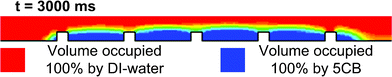 The interface between DI-water and 5CB at quasi-static state after the cutting process. The volume fractions of both liquids show an abrupt change at the interface (different colours corresponding to different volume fractions).