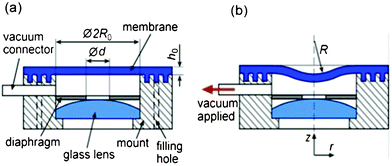 (a) Schematic of an adaptive compound camera lens with a flexible membrane, (b) the same camera lens with the membrane pulled inward when a vacuum is applied. Reproduced from ref. 94 with permission from the American Institute of Physics.