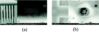 (a) SEM photos showing a PC structure covered by a SiNx mask layer and a set of selectively opened holes via FIB milling for LC-infiltration. (b) A ring of six air-holes opened via the same technique.129