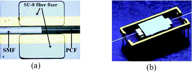 (a) Low-loss mechanical splicing between LC-PCF and SMF using SU-8 fiber fixers. Reprinted with permission from ref. 154, © 2009 IEEE. (b) A LC-PCF device pigtailed using two SMF-28 fibers and mounted in a package and wire bonded for electrical access.156 Reprinted with kind permission from Springer Science and Business Media.