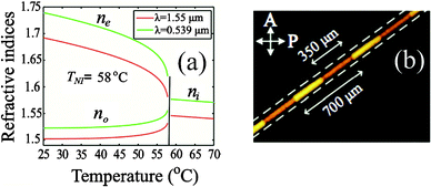 (a) Temperature dependence of the refractive indices of the nematic mixture E7.13 The nematic to isotropic temperature is 58 °C. (b) A long-period grating induced optically in a dye-doped LC- capillary.159