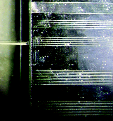 Photograph of fiber butt-coupled SiO2/Si grooves optical waveguides. Different sets of waveguides are characterized by different widths. Reprinted with permission from ref. 69, © 2010 IEEE.