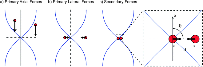 The mechanisms of particle capture and aggregation in an acoustic trap can be described in three steps: (a) Primary axial radiation forces move particles to the nodal plane of a standing wave allowing particle levitation; (b) The 3D gradient of the acoustic field also creates lateral radiation forces that retain the particles in the trap; (c) The secondary acoustic forces become significant and cause aggregation, when particle to particle distances are small.