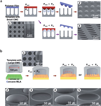 Fabrication scheme of the microlens array (MLA) (a) and the micro lens-on-lens array (MLLA) (b), for both convex and concave lenses. Figure reprinted with permission from the Royal Society of Chemistry from Park et al.5