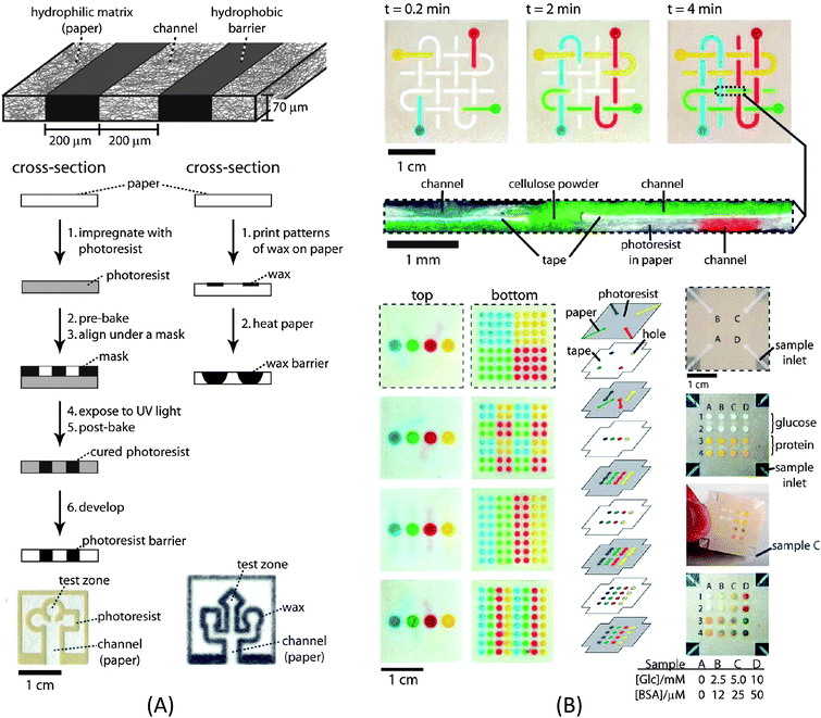 (A) Schematic of the fabrication process for a paper-based microfluidic channel. (B) Three-dimensional (3D) paper microfluidic channel network and multiplex detection. Image reproduced from ref. 3 and 4 with permission from ACS and the National Academy of Sciences.