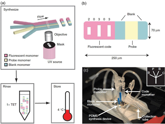 (a) Schematic diagram of the synthesis of single-probe particles. (b) A bar-coded particle with code 20303. (c) A photograph of the device mounted on the microscope for protein detections. Image reproduced from ref. 30 with permission from Nature publishing.