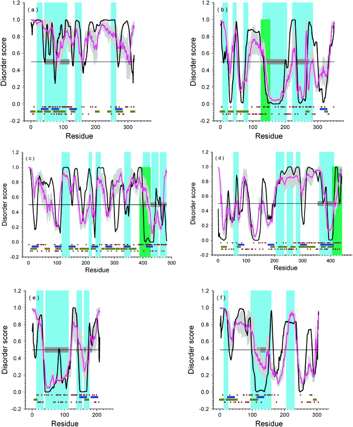 Disorder predictions for iPS-inducing factors: (a) Sox2; (b) Oct4; (c) Klf4; (d) c-Myc; (e) Lin28; (f) Nanog. The black lines are disorder prediction from PONDR®VL-XT; pink lines are prediction of PONDR-FIT; the grey shadows are the prediction error of PONDR-FIT. Light blue and light green regions are SMART domains with high confidence or low threshold values. Horizontal blue bars are potential MoRF regions predicted by MoRF-II predictor.82 Horizontal dark yellow bars are binding motifs identified by ANCHOR.83,84 Brown dots nearby blue bars are locations of positively charged residues (up) and negatively charged residues (down). The horizontal gray bars are domains with known PDB structures. The SMART regions are: (a) AA19-AA35: L̲ow C̲omplexity R̲egion (LCR); AA42–AA112: HMG; AA137–AA156: LCR; AA248–AA263: LCR. (b) AA7–AA23: LCR; AA39–AA49: LCR; AA72–AA85: LCR; AA126–AA153: coiled coil; AA131–AA205: POU domain; AA223–AA285: HOX domain. (c) AA116–AA144: LCR; AA211–AA221: LCR; AA235–AA252: LCR; AA335–AA357: LCR; AA388–AA427: Zinc ginger BED domain; AA400–AA424: Zinc finger; AA430–AA454: Zinc Finger; AA460–AA482: Zinc finger. (d) AA55–AA73: LCR; AA203–AA237: LCR; AA242–AA268: LCR; AA275–AA294: LCR; AA360–AA412: bHLH; AA406–439: coiled coil. (e) AA14–AA35: LCR; AA41–AA112: CSP; AA138–AA154: Zinc finger; AA160–AA176: Zinc finger. (f) AA13–25: LCR; AA96–158: HOX; AA206–230: LCR.