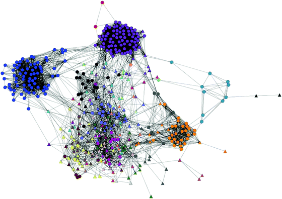 
            MCL clustering of TP and novel motifs based on CompariMotif similarity. Each node represents a motif. Circles, TP; Triangles, Novel. Each colour is a different MCL cluster. Details of clusters can be found in the ESI, Table S3.
