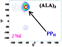 Conformational map of backbone dihedrals of trialanine in water at specified temperatures. The log of the probability is plotted. The three main conformations sampled are marked. Taken from ref. 27 and modified.