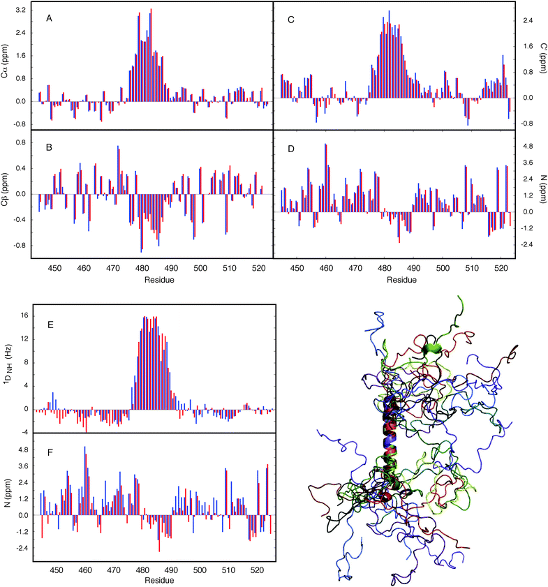 Application of ASTEROIDS to ensemble representation on the basis of chemical shifts. Secondary chemical shifts from an ensemble of 200 structures determined using the ASTEROIDS algorithm compared to experimental secondary chemical shifts (blue). Red: secondary chemical shifts averaged over the final ensemble. (A) α carbon, (B) β carbon, (C) carbonyl, (D) amide nitrogen. (E, F) Reproduction of independent parameters by the ensemble based on chemical shift selection. (E) 15N–1H residual dipolar couplings (RDCs) measured in sterically aligned NTAIL compared to averages over 50 000 conformers calculated using the amino acid specific description of NTAIL determined from the chemical shifts. Simulated data (red) were scaled uniformly to best match experiment (blue). (F) Reproduction of 15N secondary chemical shifts (blue: experiment, red: simulation), calculated using an ensemble determined from only 13C shifts. Reprinted with permission from the Journal of the American Chemical Society.97