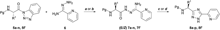 Synthetic approach toward the synthesis of N-(Cbz, Fmoc, Boc or Ac)-3-(α-aminoacyl)-1H-1,2,4-triazoles (8a–p, and 8f′). Reagents and conditions: (a) DIPEA (1 equiv) CH3CN, rt., 5 h; (b) CH3CN, reflux, 2 h; (c) HOAc, 130 °C, 1 h; (d) HOAc, microwave (50 W), 140 °C (5 min).