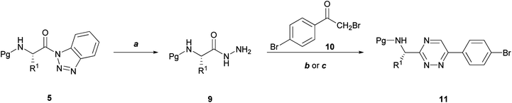 Route towards the synthesis of N-Cbz-1,2,4-triazine-derived α-amino acids (11a–d, 11d′). Reagents and conditions: (a) NH2NH2.H2O, THF, 15 min, rt; (b) 9 (2 equiv.), KOAc, HOAc, EtOH, reflux, 7 h; (c) 9 (2 equiv.) KOAc, HOAc, EtOH, microwave (50 W, 95 °C, 1 h).