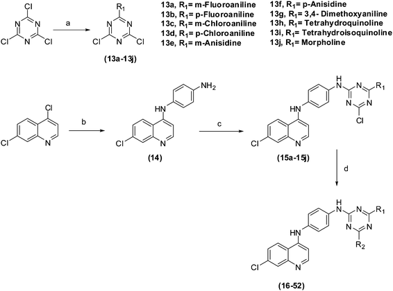 Reagents and conditions: (a) 0 °C, THF, 2 h; (b) p-phenylenediamine, p-TSA, EtOH, 3 h; (c) mono amino aryl/alkyl substituted triazines, THF, reflux, 8 h; (d) various amines, THF, reflux, 5 h.