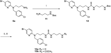 Reagents and conditions: Reagents and conditions: (i) 11, 1,1′-thiocarbonyldiimidazole, iPrNEt2, DCM, μW 130 °C, 10 min; (ii) TFA, DCM; (iii) for 13b only, CH3COCl, TEA, DCM.