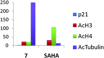 Fold increase in the re-expression of p21Waf1, acetylated histones H3 (AcH3) and H4 (AcH4), and acetylated α-tubulin proteins in HCT116 colon carcinoma cells. Cells were treated for 24 h with a 10 μM concentration of 7 or SAHA. These data were extracted from original graphs that were published in ref. 36.