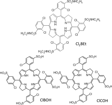 Chemical structure of 5,10,15,20-tetrakis(2,6-dichloro-3-N-ethylsulfamoylphenyl)bacteriochlorin (Cl2BEt), 5,10,15,20-tetrakis(2-chloro-5-sulfophenyl)bacteriochlorin (ClBOH) and 5,10,15,20-tetrakis(2-chloro-5-sulfophenyl)chlorin (ClCOH).
