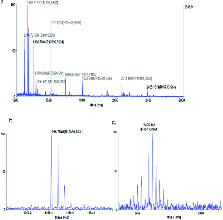 Precursor ion spectra of CSF V sample Fraction 1 (a) with zoomed detail for precursor ion m/z 1366.75 (b) and m/z = 2455.16 (c). The values in parenthesis are the resolution (R) and the signal to noise (S) determined by the software.