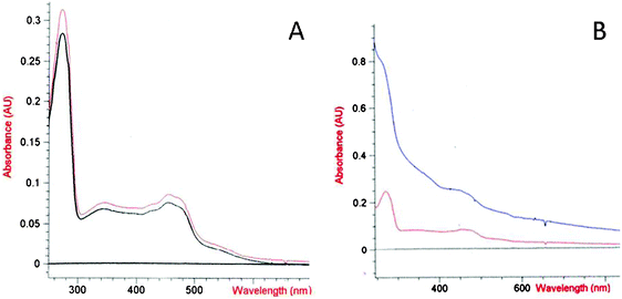 (A) Spectra of PHR sample before (red line) and after (black line) the CV experiment. (B) Spectra of PHR after DVP experiment without (red line) and with (blue line) treatment with 2M guanidinium chloride.