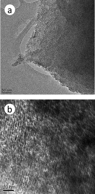 
            HR-TEM
            micrograph of a mesoporous chromium phosphate prepared from an initial batch with an atomic ratio of P/Cr=2.0 before (a) and after (b) the surfactant removal.