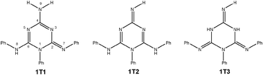 Possible tautomeric structures of molecule 1. 1T1-imino, 1T2-quinoid and 1T3-isomelamine structures.