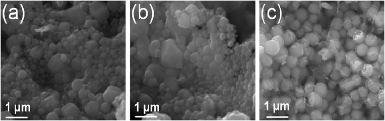 
            Scanning electron micrographs of (a) Ag@C, (b) Cu@C and (c) Pb@C core–shell nanoparticles.