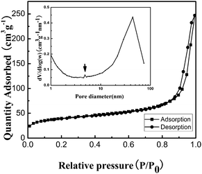 
            Nitrogen
            adsorption/desorption isotherm and Barrett–Joyner–Halenda (BJH) pore size distribution plot (inset) of ZnS mesoporous nanospheres.