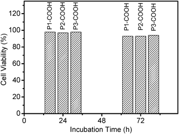 
          In vitro viability of Hela cells treated with P1-COOH and P2-COOH and P3-COOH solution at 5.0 × 10−5mol L−1 for 24 and 72 h, respectively.