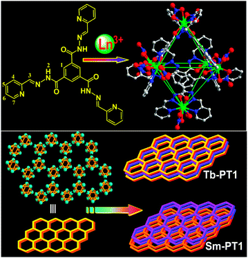 Structure of ligand PT1 and constructional fragments, showing the cationic lanthanide-based octahedral cages, and the packing diagram of the two dimensional layers consolidated by the octahedrons, showing the AAA fashion of the two-dimensional layers in the channel structure of Tb–PT1 and the ABAB fashion of the porous-like structure of Sm–PT1, respectively.