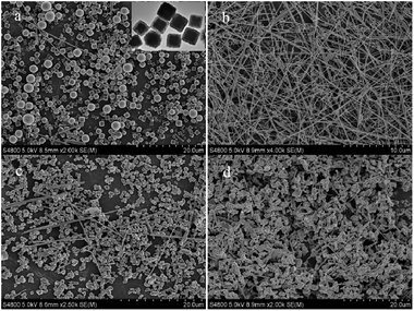 SEM images of final products synthesized at different temperatures for 24 h: (a) 140 °C, inset of (a) is TEM of some nanoparticles, (b) 160 °C, (c) 180 °C, (d) 200 °C.