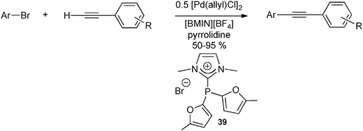 
            Pd-catalyzed arylation of phenylacetylene derivatives with aryl bromides in presence of the NHC–phosphenium adduct 39 in ionic liquid medium.55