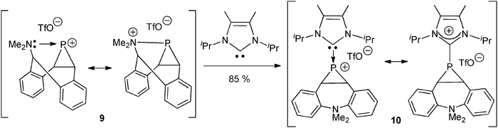 The preparation of the NHC–phosphiranylium adduct 10 from the intramolecular amine–phosphiranylium complex 9.29
