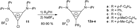 The synthesis of diaminocyclopropenylylidene–phosphenium complexes 12a–e from chlorodiaminocyclopropenium 11 and secondary diaryl- and dialkyl-phosphines.30
